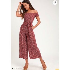 Lulu’s Behold Red Floral Print Off-the-Shoulder Jumpsuit